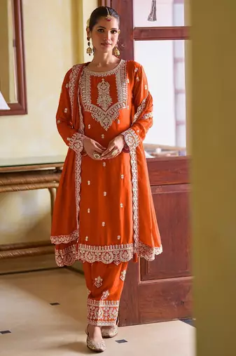 Orange chiffon mirror work semi stitched salwar suits suits size up to 42