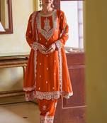 Orange chiffon mirror work semi stitched salwar suits suits size up to 42