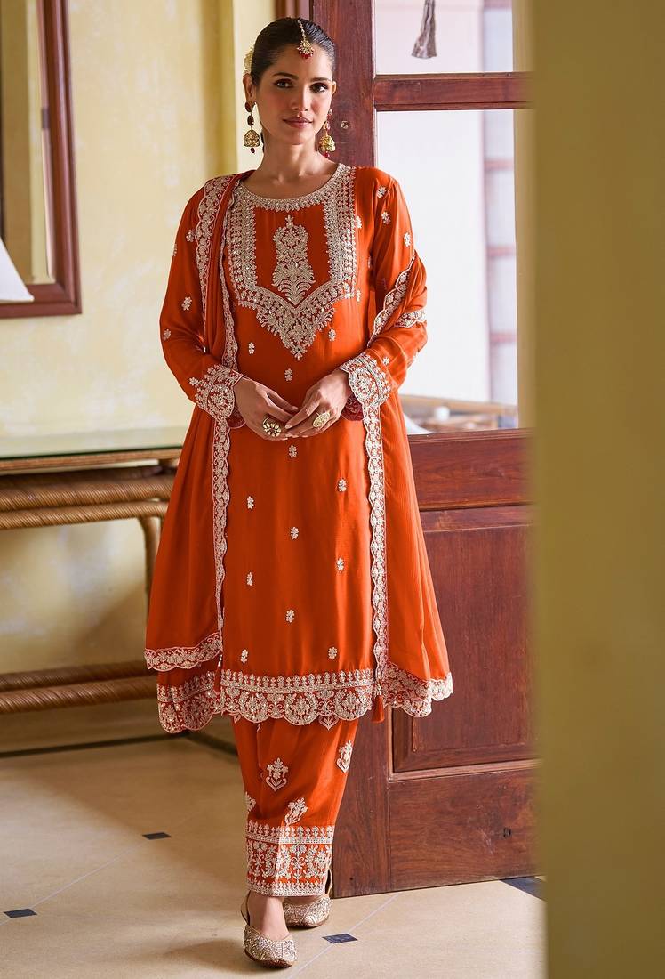 Orange chiffon mirror work semi stitched salwar suits suits size up to 42