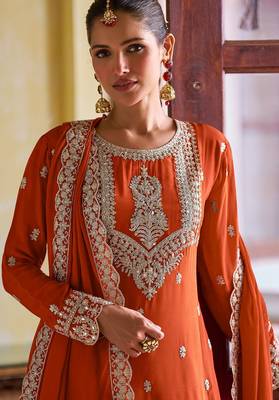 Orange chiffon mirror work semi stitched salwar suits suits size up to 42 2
