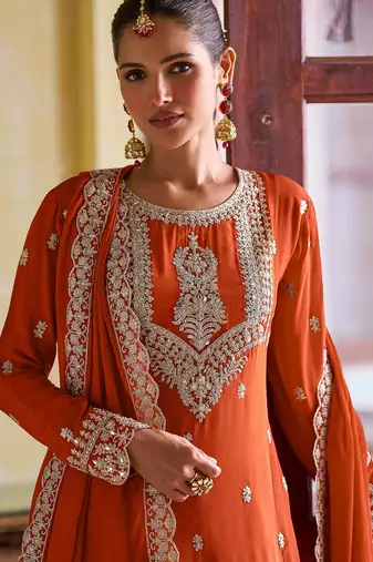 Orange chiffon mirror work semi stitched salwar suits suits size up to 42