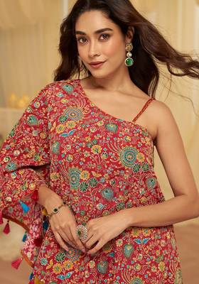Red viscose sequins work semi stitched salwar suits suits size up to 42 2