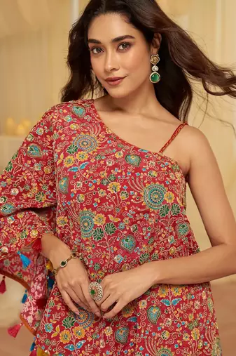 Red viscose sequins work semi stitched salwar suits suits size up to 42