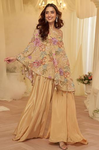 Beige viscose sequins work semi stitched salwar suits suits size up to 42