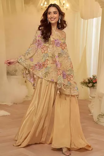 Beige viscose sequins work semi stitched salwar suits suits size up to 42
