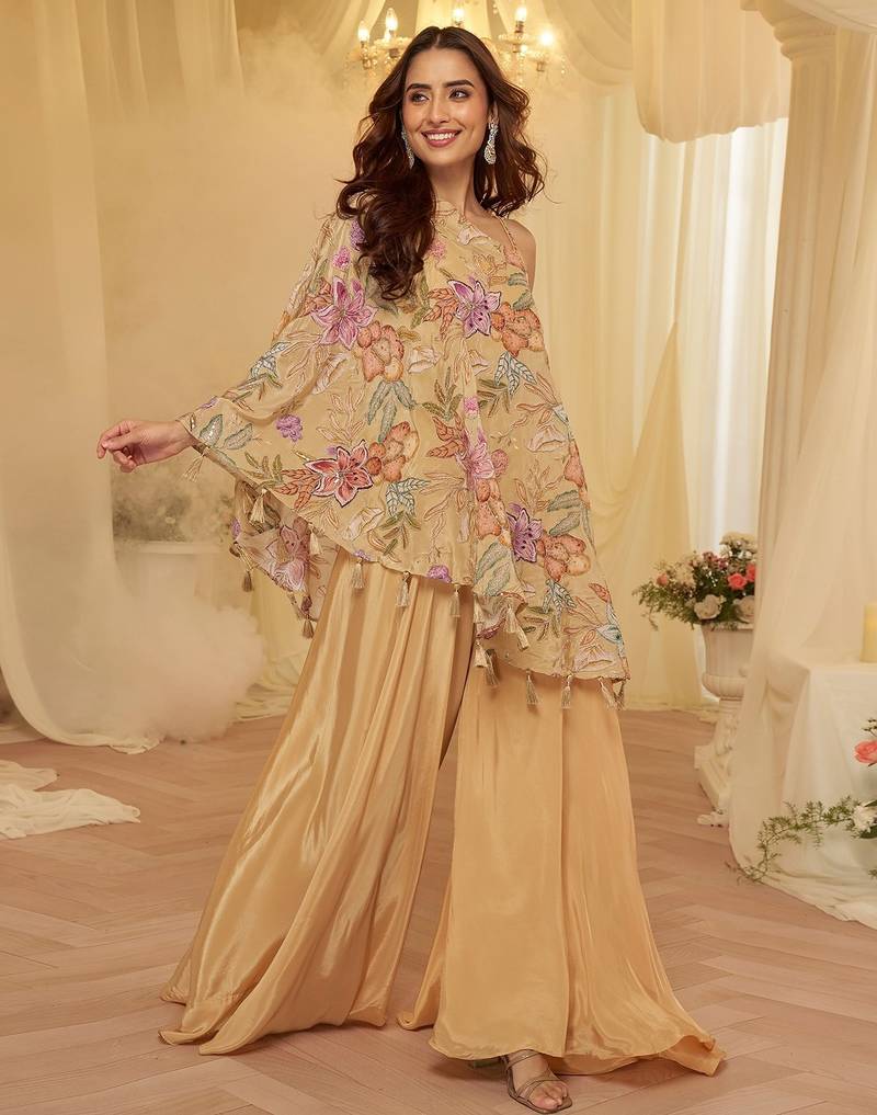 Beige viscose sequins work semi stitched salwar suits suits size up to 42