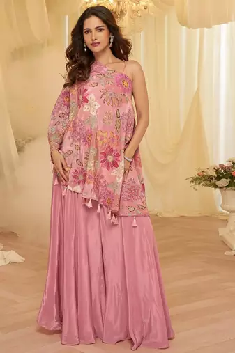 Pink viscose sequins work semi stitched salwar suits suits size up to 42