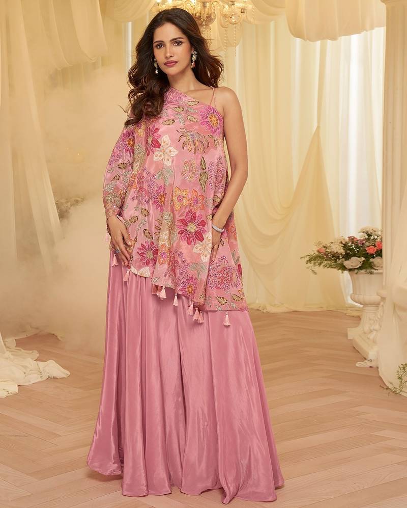 Pink viscose sequins work semi stitched salwar suits suits size up to 42