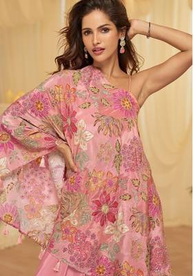 Pink viscose sequins work semi stitched salwar suits suits size up to 42 2