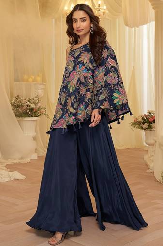 Navy blue viscose sequins work semi stitched salwar suits suits size up to 42