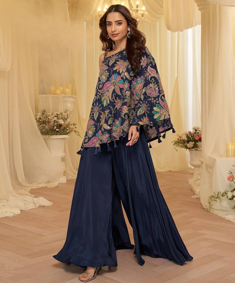 Navy blue viscose sequins work semi stitched salwar suits suits size up to 42