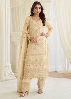 Cream  silk blend sequins work semi stitched salwar suits suits size up to 42 1