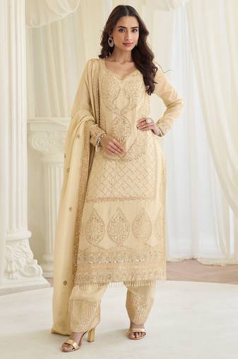 Cream  silk blend sequins work semi stitched salwar suits suits size up to 42