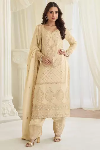 Cream  silk blend sequins work semi stitched salwar suits suits size up to 42
