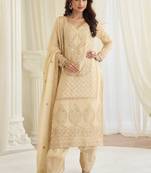 Cream  silk blend sequins work semi stitched salwar suits suits size up to 42