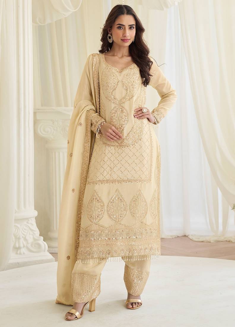 Cream  silk blend sequins work semi stitched salwar suits suits size up to 42