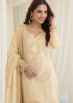 Cream  silk blend sequins work semi stitched salwar suits suits size up to 42 2