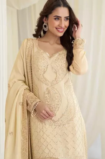 Cream  silk blend sequins work semi stitched salwar suits suits size up to 42