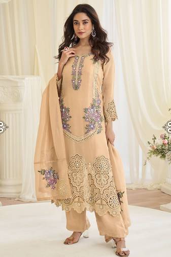 Light brown silk blend sequins work semi stitched salwar suits suits size up to 42