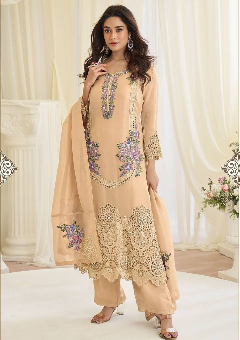 Light brown silk blend sequins work semi stitched salwar suits suits size up to 42
