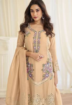 Light brown silk blend sequins work semi stitched salwar suits suits size up to 42 2