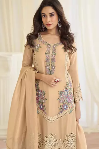 Light brown silk blend sequins work semi stitched salwar suits suits size up to 42