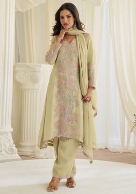 Beige silk blend sequins work semi stitched salwar suits suits size up to 42 1