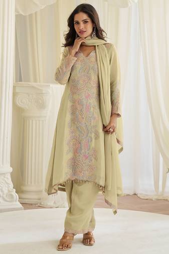 Beige silk blend sequins work semi stitched salwar suits suits size up to 42