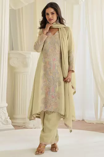 Beige silk blend sequins work semi stitched salwar suits suits size up to 42