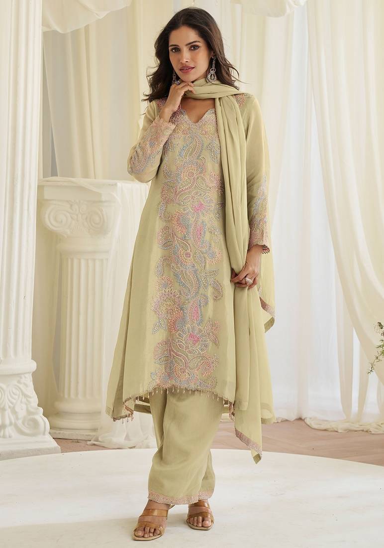 Beige silk blend sequins work semi stitched salwar suits suits size up to 42