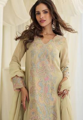 Beige silk blend sequins work semi stitched salwar suits suits size up to 42 2