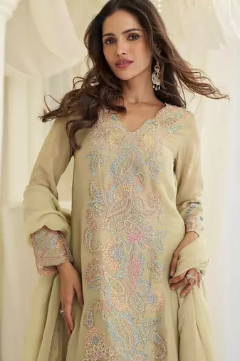 Beige silk blend sequins work semi stitched salwar suits suits size up to 42