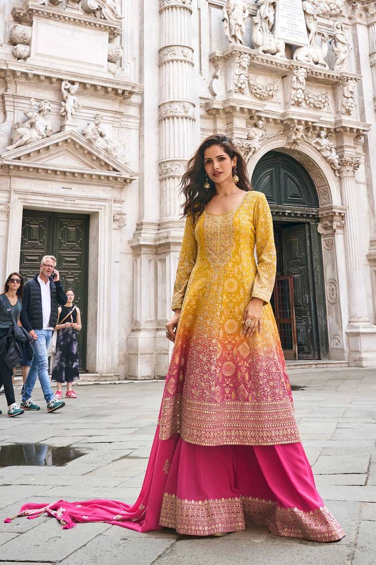 Mustard jacquard sequins work semi stitched salwar suits suits size up to 42