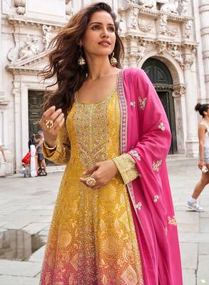 Mustard jacquard sequins work semi stitched salwar suits suits size up to 42 2
