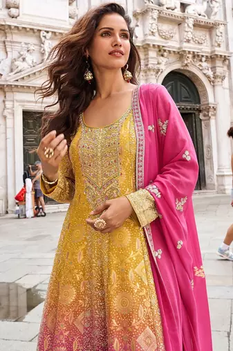 Mustard jacquard sequins work semi stitched salwar suits suits size up to 42