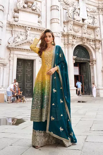 Mustard jacquard sequins work semi stitched salwar suits suits size up to 42