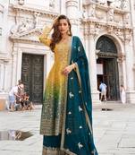 Mustard jacquard sequins work semi stitched salwar suits suits size up to 42