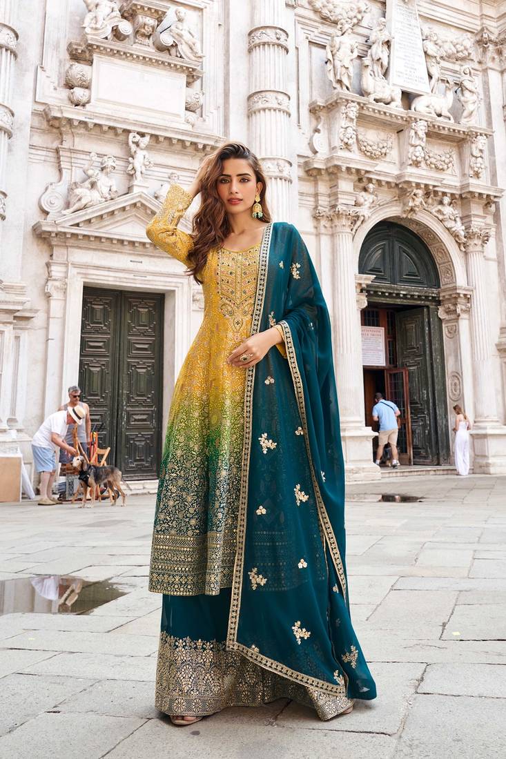 Mustard jacquard sequins work semi stitched salwar suits suits size up to 42