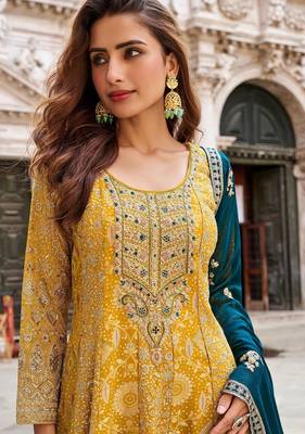 Mustard jacquard sequins work semi stitched salwar suits suits size up to 42 2