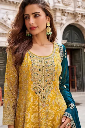 Mustard jacquard sequins work semi stitched salwar suits suits size up to 42