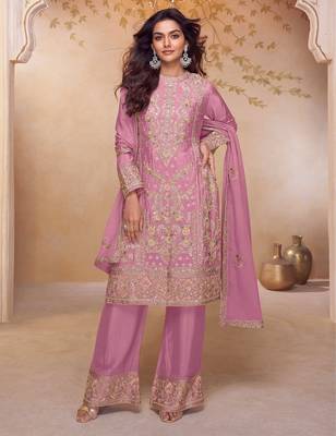 Pink chiffon sequins work semi stitched salwar suits suits size up to 42 1