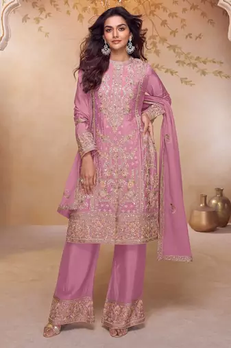 Pink chiffon sequins work semi stitched salwar suits suits size up to 42
