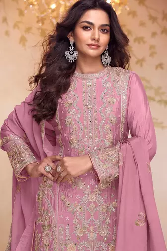 Pink chiffon sequins work semi stitched salwar suits suits size up to 42