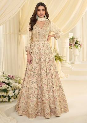 Off white georgette sequins work semi stitched salwar suits suits size up to 42 1