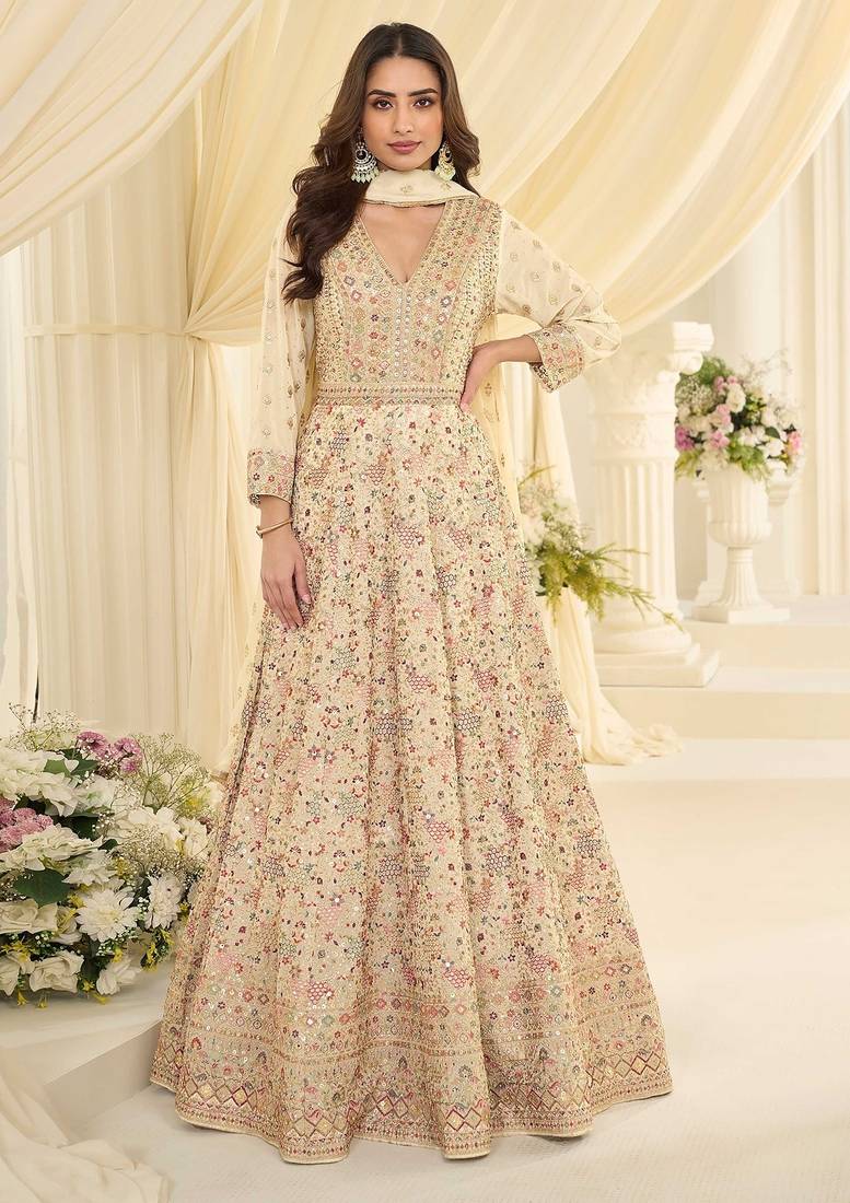 Off white georgette sequins work semi stitched salwar suits suits size up to 42