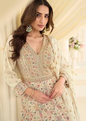 Off white georgette sequins work semi stitched salwar suits suits size up to 42 2