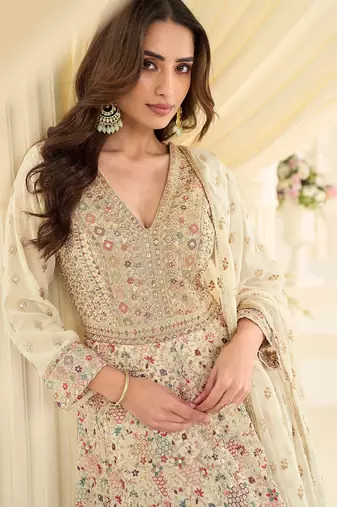 Off white georgette sequins work semi stitched salwar suits suits size up to 42