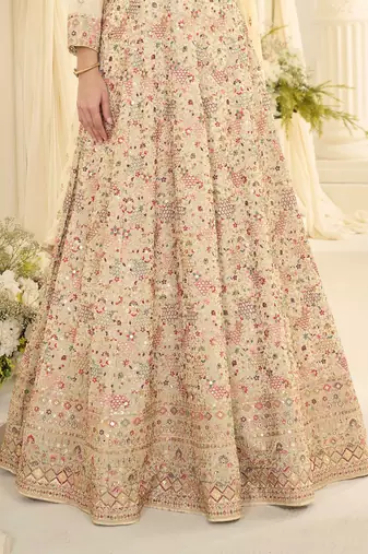 Off white georgette sequins work semi stitched salwar suits suits size up to 42