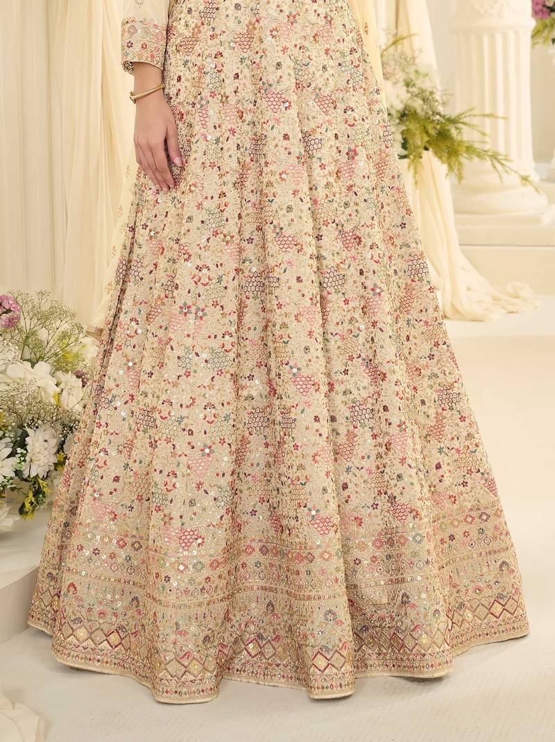 Off white georgette sequins work semi stitched salwar suits suits size up to 42