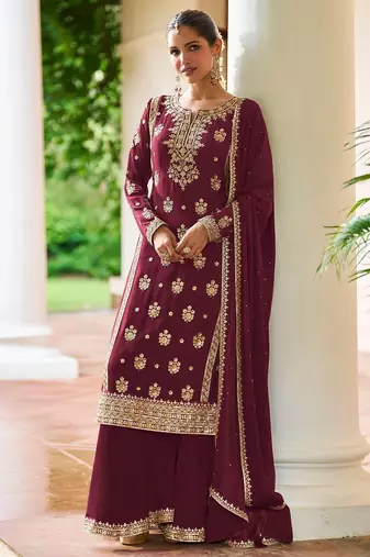 Maroon chiffon sequins work semi stitched salwar suits suits size up to 42